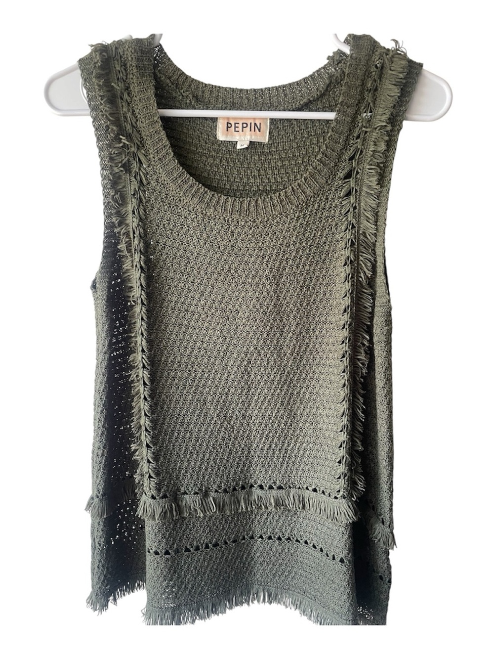 PEPIN Olive Green Sleeveless Fringe Knit Tank